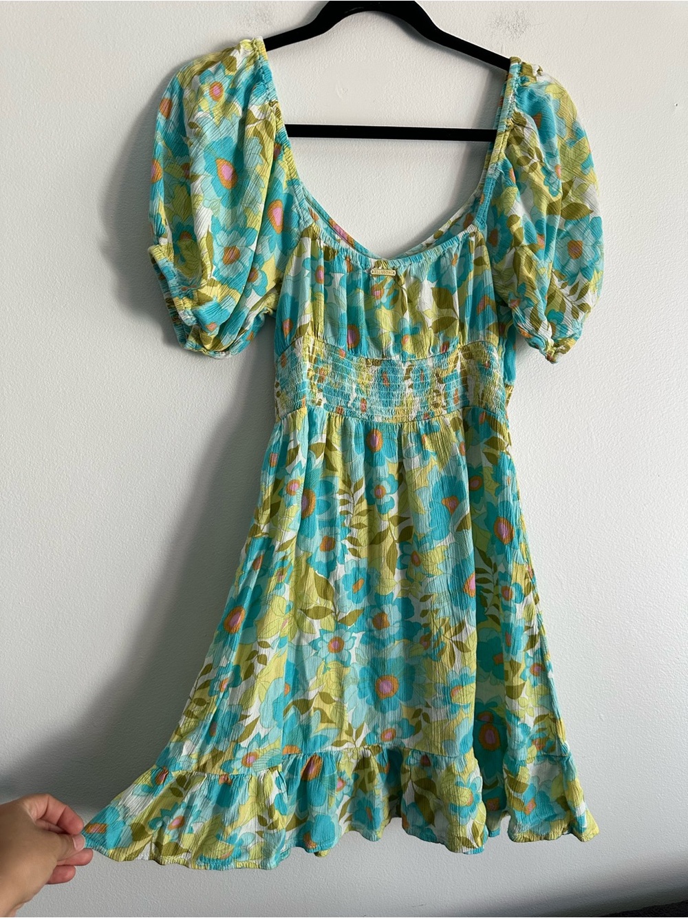 Billabong Aqua and Lime Floral Puff-Sleeve Mini Dress Y2K Style Size Large - Picture 3 of 8